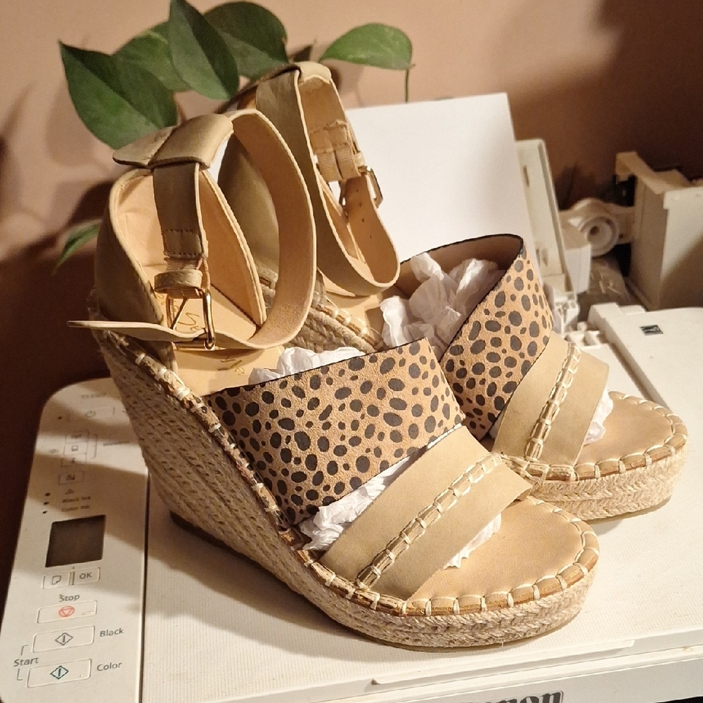 Tan and Brown Wedge Sandals with Espadrille Heel